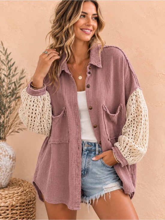 POL Tops - POL Mauve Gauze Crochet Sleeve Shacket Boho Oversized Button Up | Medium